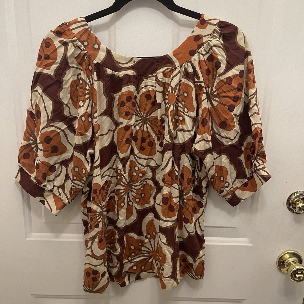Buffalo David Bitton Brown Floral Puff Short Sleeves Top‎ Womens S Tropical Boho - Picture 6 of 8